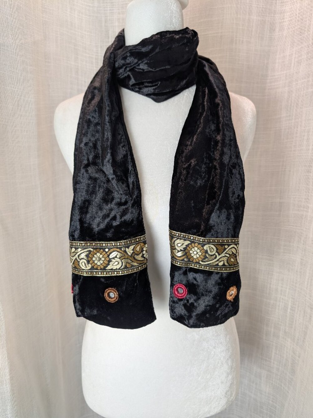 India Arts Black Velvet Embroidered Scarf 9.5" x 58"